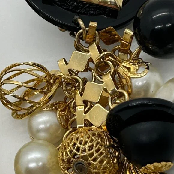 Vintage Gold Black Dangle Earrings Faux Pearl Geometric Retro Runway Chandelier - Picture 8 of 16